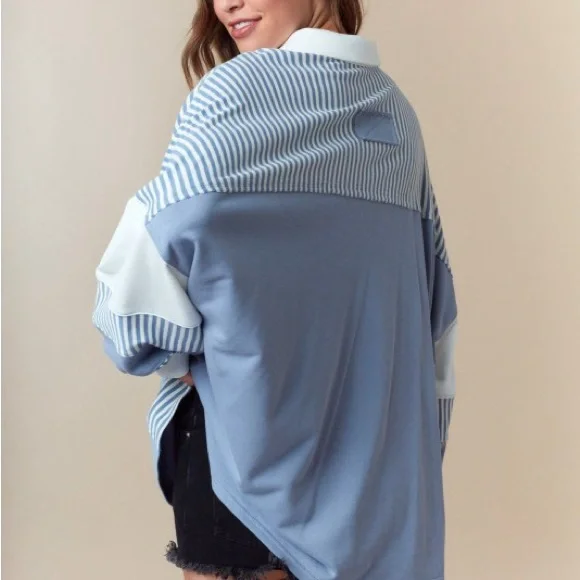 Fantastic Fawn NIP Blue Color Block Top with Stripe Point Collar - Picture 5 of 5